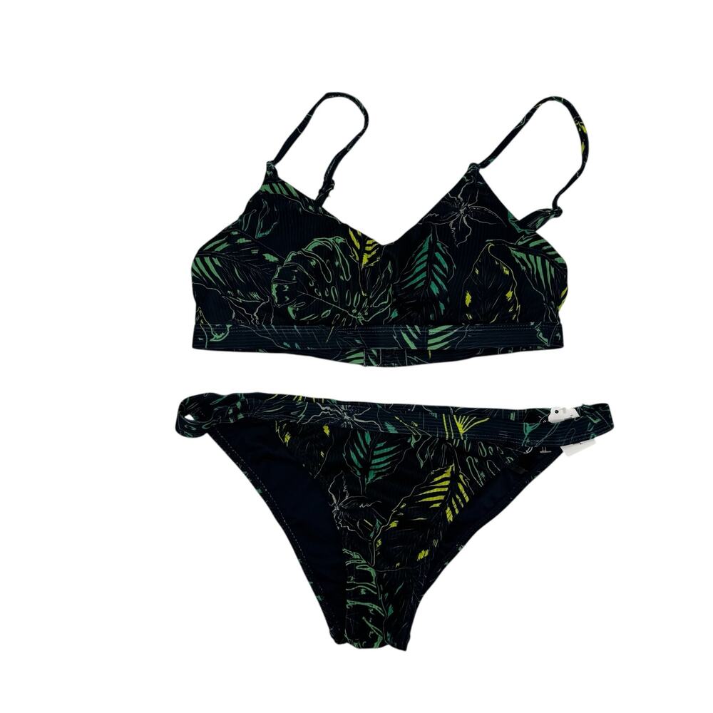 ARDENE *NEW* Ribbed Tropical Floral 2-piece Swim Suit Sz Small Bikini Blue Green